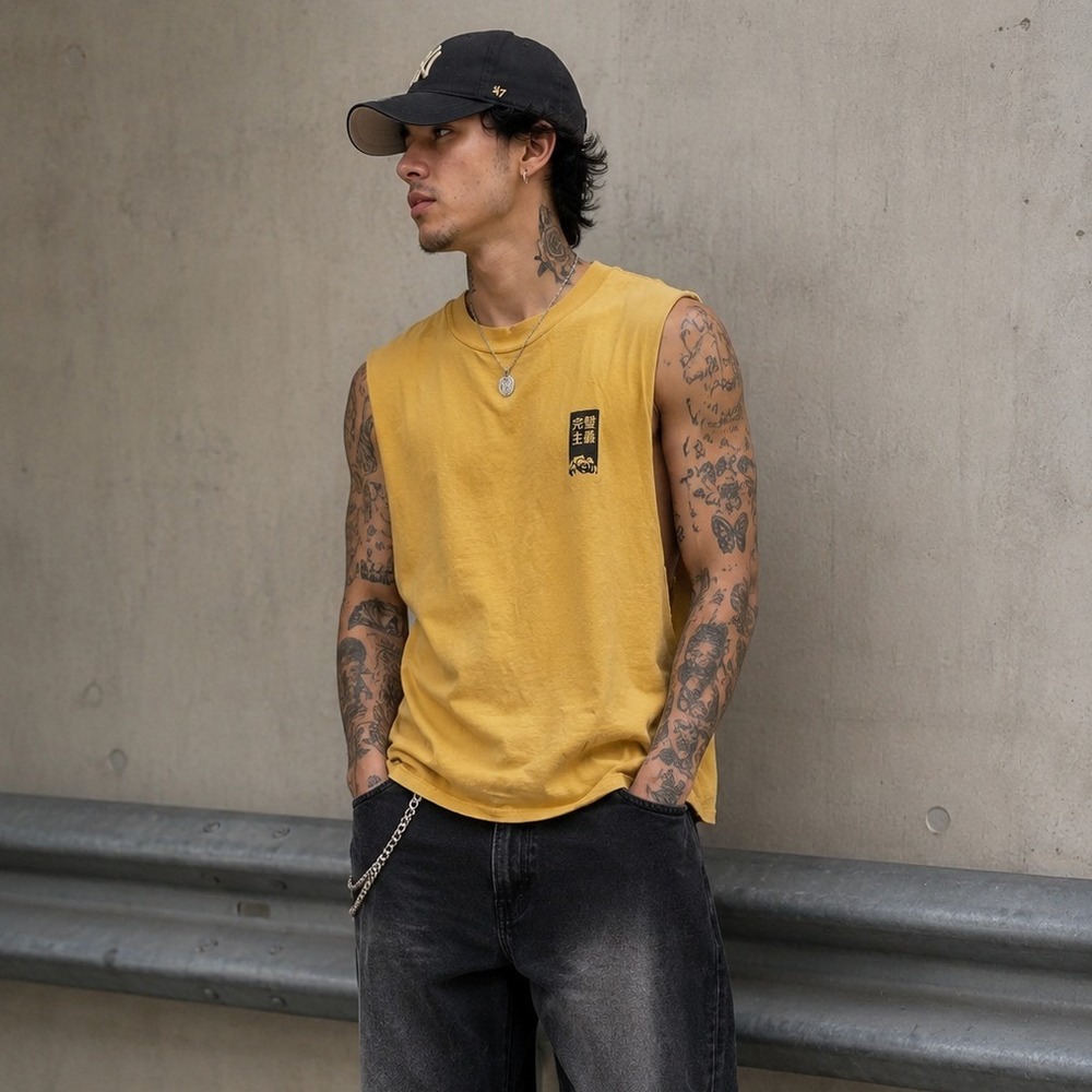 FKN PRFCT Asian Distressed Yellow Mens XL Muscle T-Shirt Failure is No Option